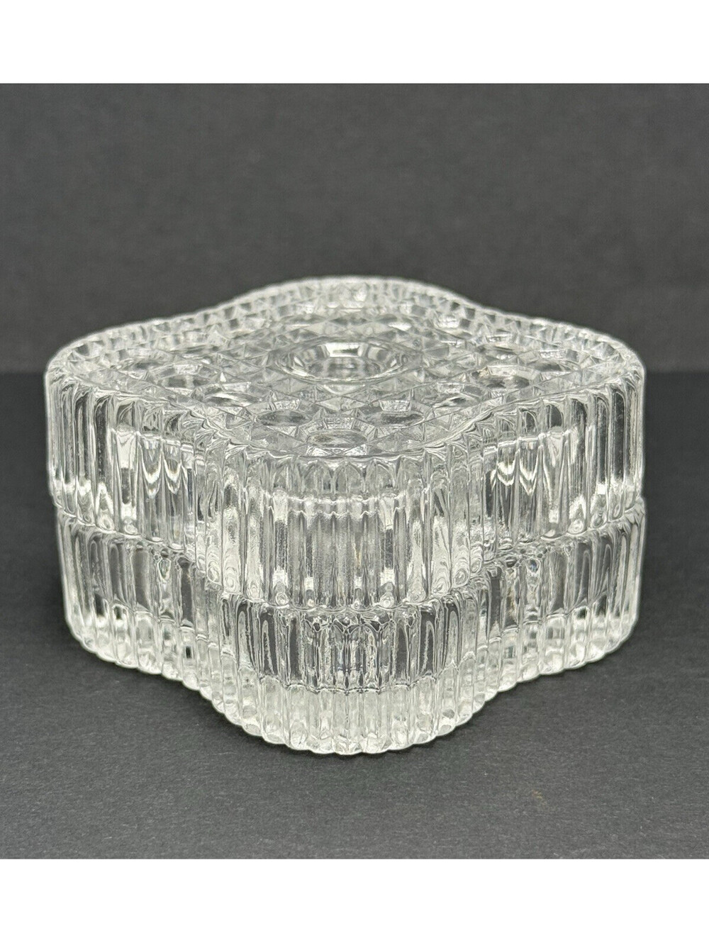 Vtg Italy Mini Ribbed Glass Square Quatrefoil Trinket Dish w/Lid Jewelry Box
